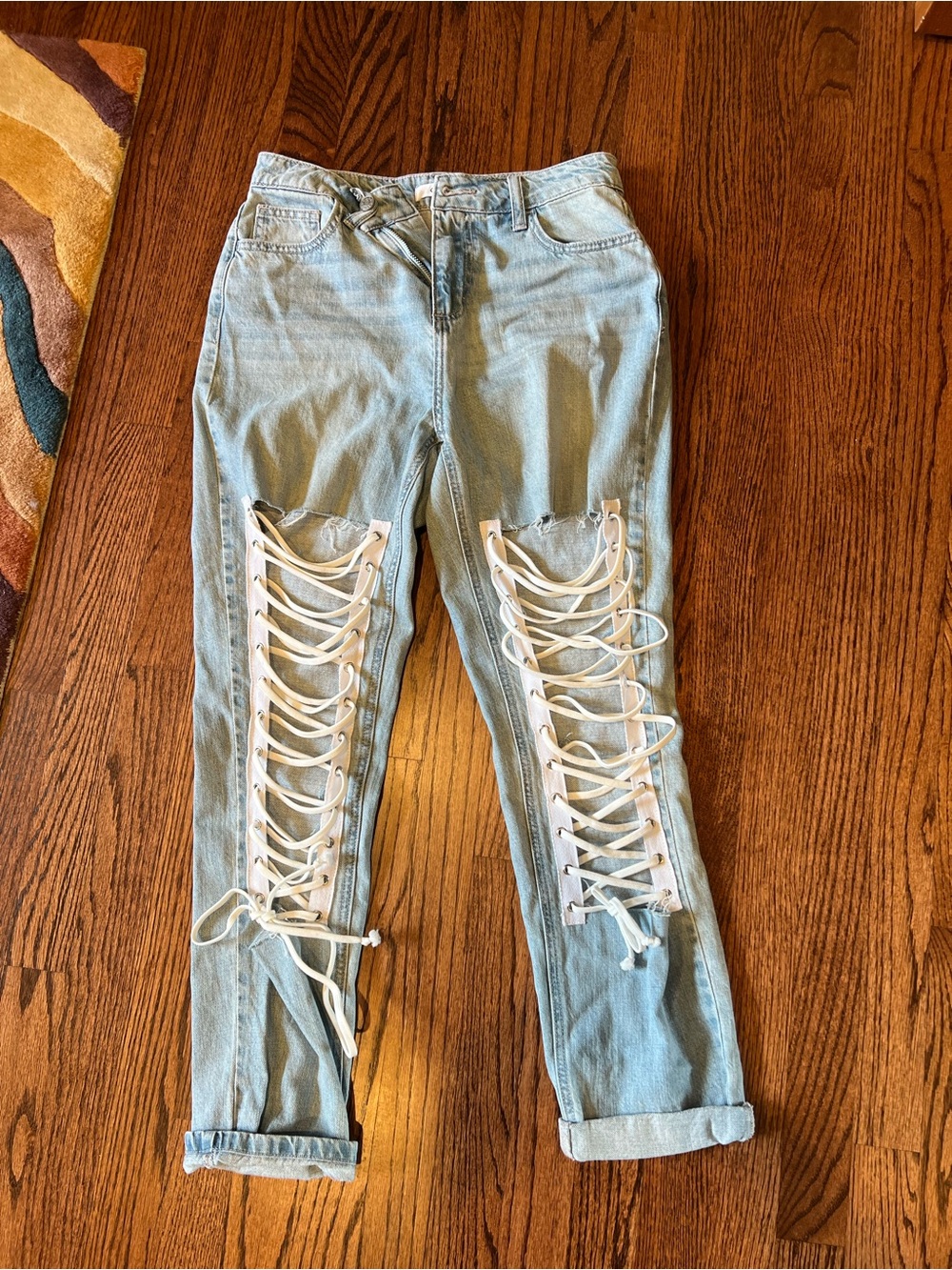 Cello Light Blue Lace-Up Distressed Boyfriend Jeans